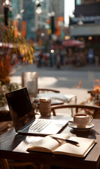City cafe workspace offers laptop notebook and coffee creating serene urban environment for productivity