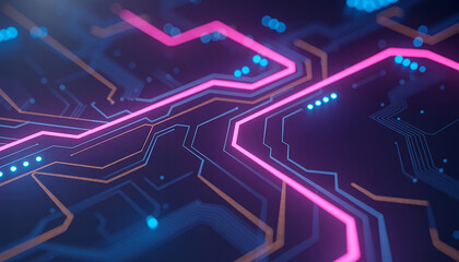 Fototapeta premium Abstract futuristic design featuring a glowing circuit board with neon lines and digital effects.