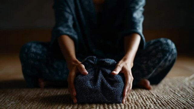 Hands gently present a beautifully wrapped gift in a serene indoor setting, showcasing the art of traditional wrapping methods. The atmosphere emphasizes calmness and creativity in gift-giving