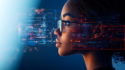 Profile of a person with digital data and circuitry overlaying their face, symbolizing advanced technology integration.