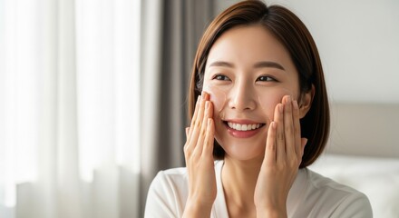 Happy Woman Applying Facial Serum Near Window