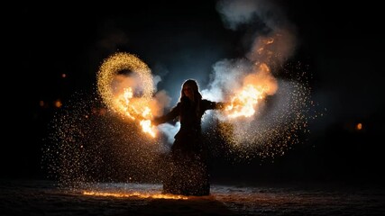 A fire performer showcases incredible skills while dancing gracefully, flames illuminate the surroundings