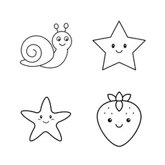 Adorable Kawaii Snail, Star, and Strawberry Coloring Page