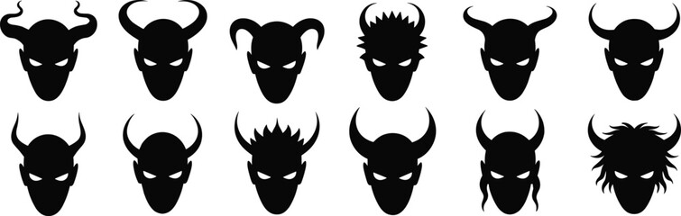 Extensive collection of diverse demon and devil head silhouettes, featuring various horn styles, menacing eyes, and distinct facial contours, ideal for fantasy, horror, and game design projects.