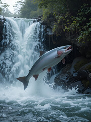 Fototapeta premium Large Atlantic salmon leaping up the waterfall on their way migration route to their spawning grounds