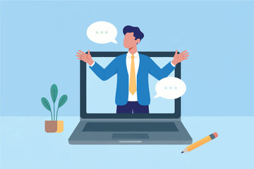 Vector cartoon illustration of businessman emerging from laptop screen isolated on transparent background