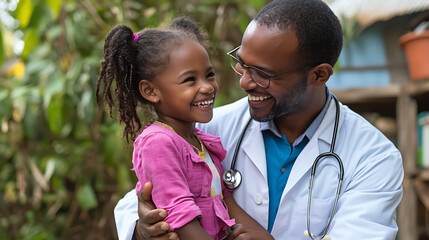 A doctor in a white coat holds and smiles with a young girl outdoors.