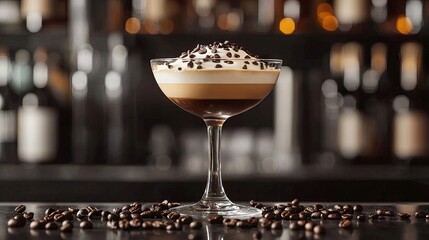 Layered coffee cocktail garnished with chocolate sprinkles.