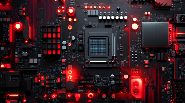 Close-up of a Computer Motherboard with Red LED Lights