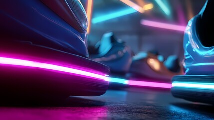 Neon Light Reflection on Bumper Cars at Amusement Park Attraction