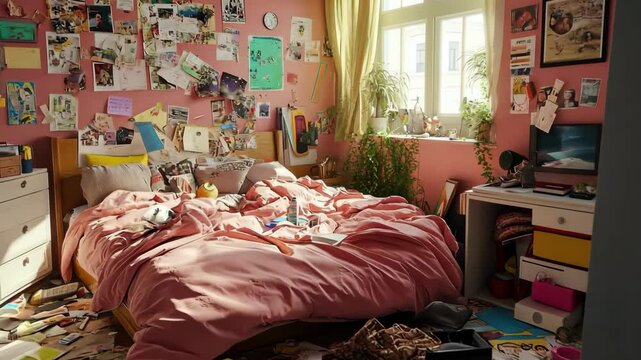 A messy bedroom with a pink wall, unmade bed, scattered clothes, and various posters. Sunlight streams through the window, illuminating the cluttered space. Generative 4k video.