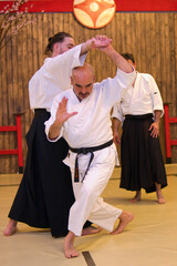 Aikido master practicing with student in dojo