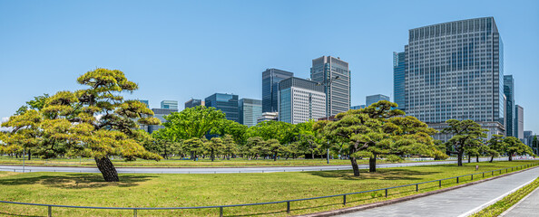 Panoramic view at the Marunochi district in the streets of Tokyo - Japan