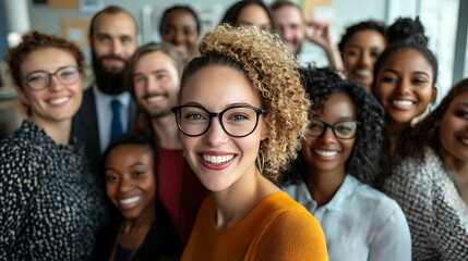 Group of diverse professionals smiling together in an office setting