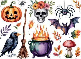 Fototapeta premium A collection of watercolor illustrations of Halloween elements including a pumpkin, skull with flowers, spiders, bat, broom, fire in a cauldron, raven, leaves, and a mushroom is shown. 