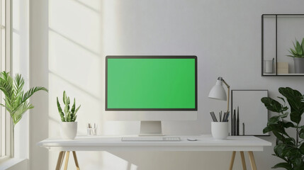 Modern Minimalist Home Office Workspace with Green Screen Monitor Design Inspiration