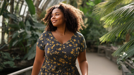 A curvy woman enjoying a leisurely walk through a botanical garden, feeling connected to nature.