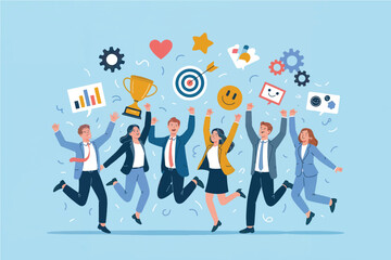 Vector cartoon illustration of a celebrating team isolated on transparent background