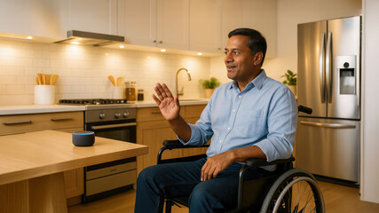 Southeast Asian male adult in wheelchair interacting with smart speaker in modern kitchen. Voice-driven tech.