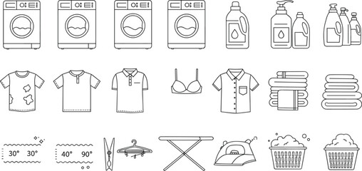 Laundry equipment icon set, washing machine, detergent bottles, clean clothes, ironing board, washing temperature, laundry basket, vector illustration elements