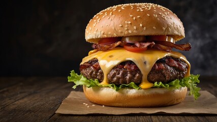 Delicious burger dripping with melted cheese and crispy bacon on rustic wooden table