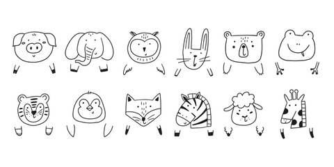 Cute doodle animal face and paw. Cartoon character animal head kid icon set. Vector illustration