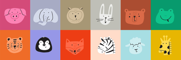Animal cute face. Kawaii character animal head print set. Cartoon vector illustration