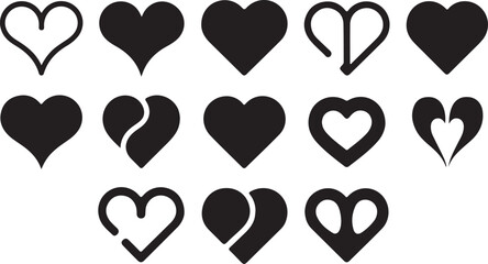 Collection of black heart icons isolated on transparent background
