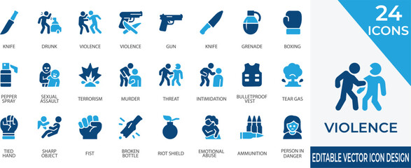 A bold vector icon set featuring violence, weaponry, and safety gear like guns, knives, shields, and tear gas. Ideal for awareness campaigns, security apps, crime reports, and legal materials.