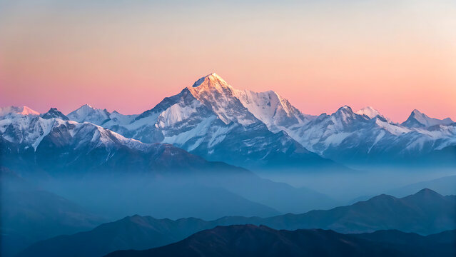 Majestic mountain range at dawn snowy peaks illuminated with soft morning light and serene blue hues