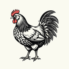 Meticulously Detailed Black and White Rooster Illustration with Red Comb - Farm Animal and Country Life Vector Art