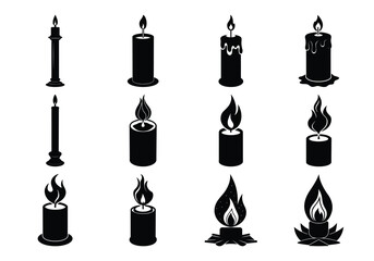 A Silhouette Collection of Simple Black and White Candle Vector Icons on white background 