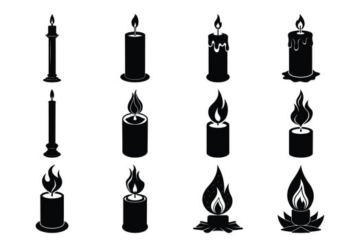 A Silhouette Collection of Simple Black and White Candle Vector Icons on white background 