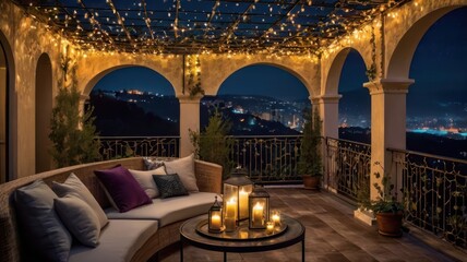 Obraz premium Luxurious balcony at night with city views