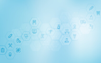 Abstract medical background with flat icons in hexagons. Design for science, medicine or technology, innovation medicine, health