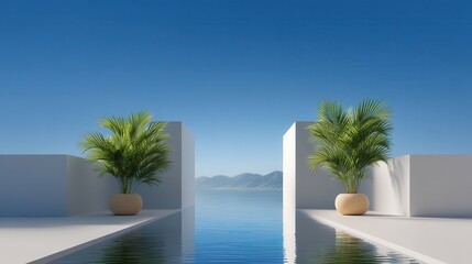 Serene modern landscape with tropical plants by tranquil water under a clear blue sky.