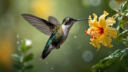 Fototapeta premium Hummingbird in flight, feeding on a flower