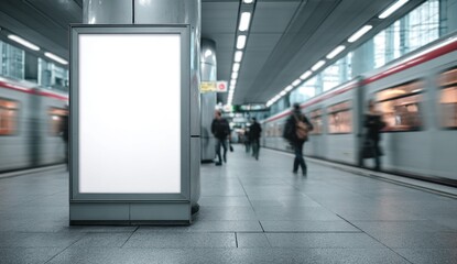 Blank White Billboard at Subway Station with Passing Train