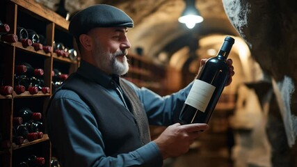 Sommelier examines a fine bottle of wine in a rustic wine cellar filled with rows of carefully stored bottles. The atmospheric setting enhances the experience of tasting wine