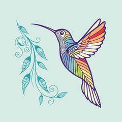 Obraz premium Stylized Hummingbird Illustration with Intricate Mandala Patterns and Floral Branch - Colorful and Elegant Vector Art