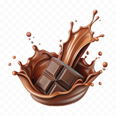 abstract 3d smooth liquid chocolate splash with chocolate bar isolated on transparent background