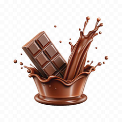 abstract 3d smooth liquid chocolate splash with chocolate bar isolated on transparent background