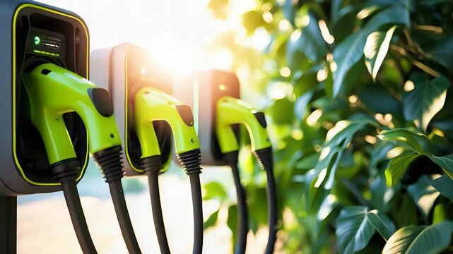 Row of Bright Green Electric Vehicle Chargers Installed Outdoors Beside Lush Plants with Sunlight Shining Through Leaves

