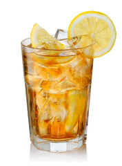 misted glass of ice tea with lemon isolated on white background