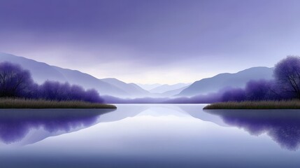 Fototapeta premium Serene purple lake mirroring mountains and trees at dusk