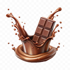 abstract 3d smooth liquid chocolate splash with chocolate bar isolated on transparent background
