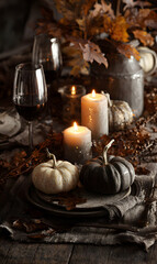 Autumnal ambiance and decorative gourds illuminate a warm celebration with candles and rustic charm creating inviting light