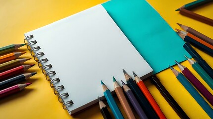 A vibrant collection of colored pencils surrounds a blank spiral notebook, set against a sunny yellow background
