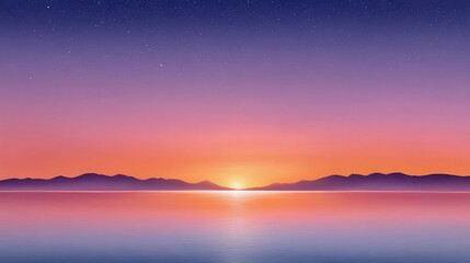 Fototapeta premium Stunning sunset over calm waters, with mountains silhouetted against a vibrant sky.