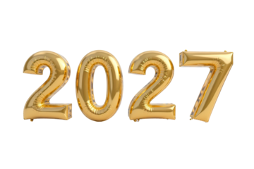 The golden number 2027 decorative air balloon for New Year's Eve, countdown, wedding, birthday celebration party isolated PNG